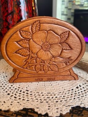 Vintage Canadian Wild Rose Carved Wooden Napkin Holder | Alberta Provincial